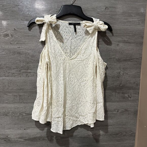 BCBGMaxazria Top Small Blouse Beige Cold Shoulder Boho Sheer Embroidered - Picture 2 of 8